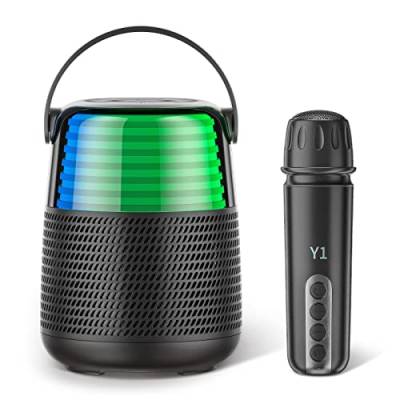 GJCrafts Karaoke Bluetooth Kinder mit LED-Licht, Tragbares Karaoke System mit kabellosem Mikrofon und Griff, Zylindrisches Karaoke-Lautsprecher-Sound System (Schwarz) von GJCrafts