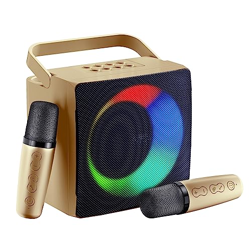 GJCrafts Karaoke Machine mit LED-Licht, Bluetooth Karaoke Lautsprecher mit 2 Drahtlosen Mikrofonen, Karaoke PA-System Support AUX, USB, TF, Karaoke Anlage für Familienfeiern, Picknick(Gold) von GJCrafts