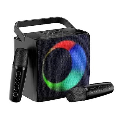GJCrafts Karaoke Machine mit LED-Licht, Bluetooth Karaoke Lautsprecher mit 2 Drahtlosen Mikrofonen, Karaoke PA-System Support AUX, USB, TF, Karaoke Anlage für Familienfeiern, Picknick(Schwarz) von GJCrafts