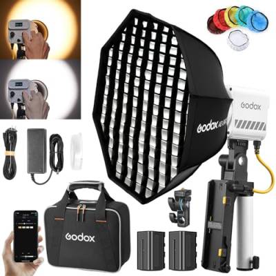 Godox ML60IIBi ML60II-Bi Bi-Color Handheld LED Video Licht Kit, 2800K-6500K, CRI 96+ TLCI 97+, 7 FX Effekte, APP Steuerung, Slient Mode, mit AK-B01 Battery Base, AD-S60S Softbox, 2X NP970 Batterie von GODOX