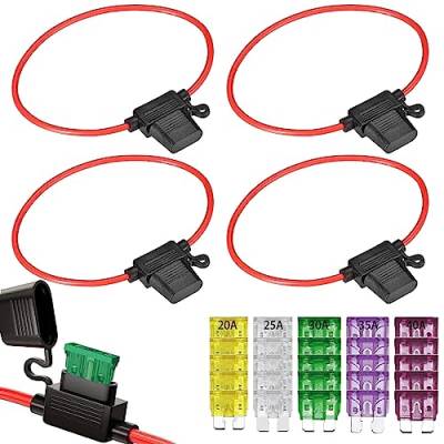 GTIWUNG 5 Stück Auto Sicherungshalter mit 10AWG Draht für KFZ LKW, Flachsicherung Halter Wasserdicht Inline Blade Fuse Holder mit 25-teiligen Mittelgroße Flachsicherungen (20A/25A/30A/35A/40A） von GTIWUNG