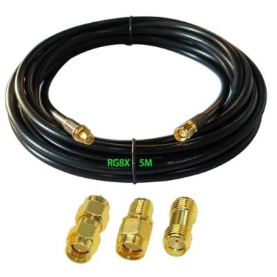 GTIWUNG RG8X SMA Koaxial Verlängerung SMA Stecker auf SMA Buchse RF Koaxialkabel 5M, SMA Male zu SMA Female Bulkhead RF Koaxialkabel RG8X Kabel 16.4ft + 3 Stück RF Koax SMA Adapter Kit von GTIWUNG