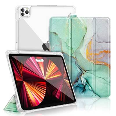 Gahwa Hülle für iPad Pro 11 Zoll 2022/2021/2020/2018 mit Stifthalter, Schutzhülle mit Auto Schlafen/Wachen und Standfunktion, Ultra Dünn Case Cover mit Transparent Clear Zurück - Smaragd Marmor von Gahwa