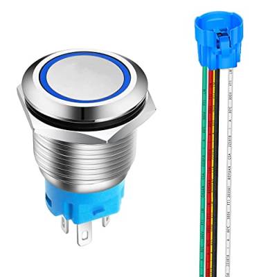 Gebildet 19mm Edelstahl Kurzzeitiger Drucktasten 12V-24V 5A LED 1NO1NC SPDT ON Off Wasserdichter mit Steckdose Stecker(Blau LED) von Gebildet