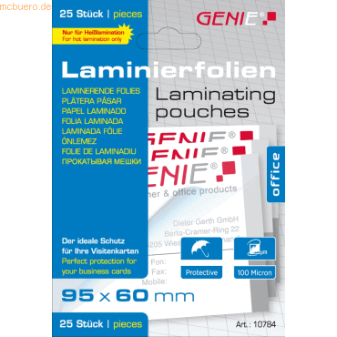 Genie Laminiertaschen Visitenkartengröße 95x60mm 100mic. VE=25 Stück von Genie