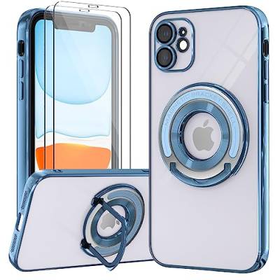 Giolus Clear Magnetic für iPhone 11 Hülle und 2 Stück Schutzfolie [Kameraschutz Eingebaut] [Eingebetteter Ständer] Weiche TPU Silikon Handyhülle mit Magsafe Kratzresistente Stoßfest (Blau) von Giolus