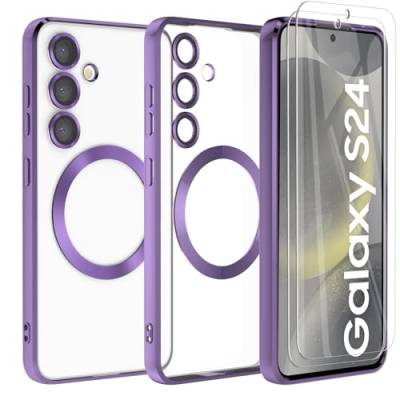 Giolus Clear für Samsung Galaxy S24 Hülle Kompatibel mit MagSafe mit Kameraschutz und 2 Stück Schutzfolie, Durchsichtig Magnetisch Dünn Silikon Handyhülle Stoßfest Kratzfeste Schutzhülle Lila von Giolus
