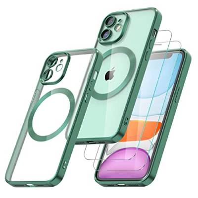 Giolus Clear für iPhone 11 Hülle Kompatibel mit MagSafe mit Kameraschutz und 2 Stück Schutzfolie, Magnetisch Transparent Silikon Handyhülle Durchsichtig Dünn Stoßfest Kratzfeste Schutzhülle Grün von Giolus