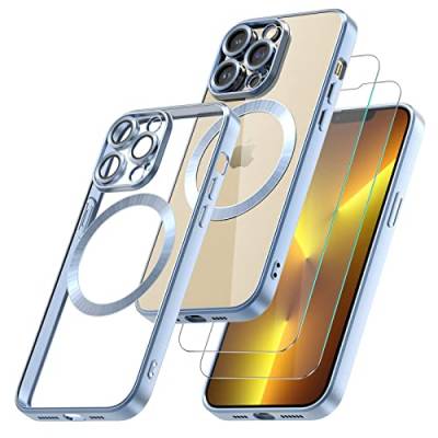 Giolus Clear für iPhone 13 Pro Hülle Kompatibel mit MagSafe mit Kameraschutz und 2 Stück Schutzfolie, Durchsichtig Magnetisch Dünn Silikon Handyhülle Stoßfest Kratzfeste Schutzhülle Blau von Giolus