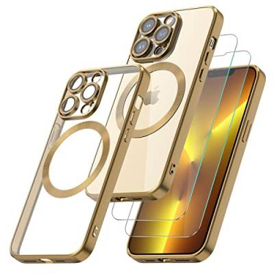 Giolus Clear für iPhone 13 Pro Hülle Kompatibel mit MagSafe mit Kameraschutz und 2 Stück Schutzfolie, Durchsichtig Magnetisch Dünn Silikon Handyhülle Stoßfest Kratzfeste Schutzhülle Gold von Giolus