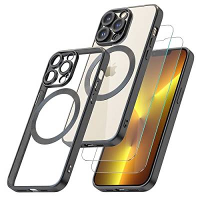 Giolus Clear für iPhone 13 Pro Hülle Kompatibel mit MagSafe mit Kameraschutz und 2 Stück Schutzfolie, Durchsichtig Magnetisch Dünn Silikon Handyhülle Stoßfest Kratzfeste Schutzhülle Schwarz von Giolus