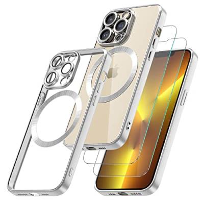 Giolus Clear für iPhone 13 Pro Hülle Kompatibel mit MagSafe mit Kameraschutz und 2 Stück Schutzfolie, Durchsichtig Magnetisch Dünn Silikon Handyhülle Stoßfest Kratzfeste Schutzhülle Silber von Giolus
