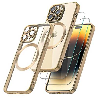 Giolus Clear für iPhone 14 Pro Max Hülle Kompatibel mit MagSafe mit Kameraschutz und 2 Stück Schutzfolie, Durchsichtig Magnetisch Dünn Silikon Handyhülle Stoßfest Kratzfeste Schutzhülle Gold von Giolus