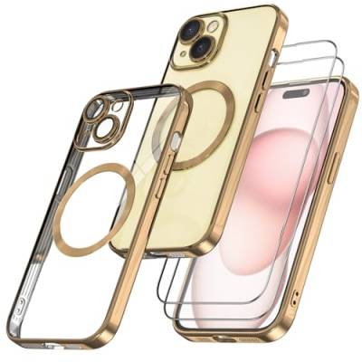 Giolus Clear für iPhone 15 Hülle Kompatibel mit Mag-Safe mit Kameraschutz und 2 Stück Schutzfolie, Durchsichtig Magnetisch Dünn Silikon Handyhülle Stoßfest Kratzfeste Schutzhülle Gold von Giolus