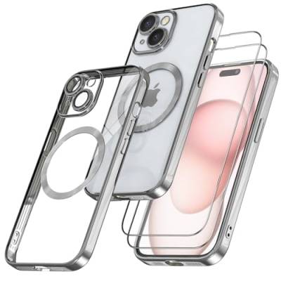 Giolus Clear für iPhone 15 Hülle Kompatibel mit Mag-Safe mit Kameraschutz und 2 Stück Schutzfolie, Durchsichtig Magnetisch Dünn Silikon Handyhülle Stoßfest Kratzfeste Schutzhülle Silber von Giolus