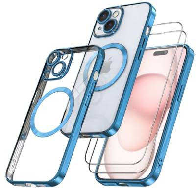Giolus Clear für iPhone 15 Plus Hülle Kompatibel mit Mag-Safe mit Kameraschutz und 2 Stück Schutzfolie, Durchsichtig Magnetisch Dünn Silikon Handyhülle Stoßfest Kratzfeste Schutzhülle Blau von Giolus