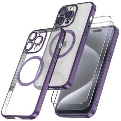 Giolus Clear für iPhone 15 Pro Hülle Kompatibel mit Mag-Safe mit Kameraschutz und 2 Stück Schutzfolie, Durchsichtig Magnetisch Dünn Silikon Handyhülle Stoßfest Kratzfeste Schutzhülle Lila von Giolus