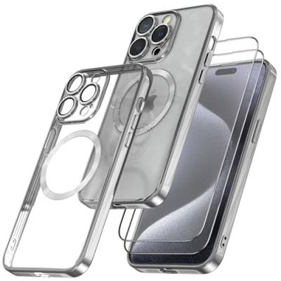 Giolus Clear für iPhone 15 Pro Hülle Kompatibel mit Mag-Safe mit Kameraschutz und 2 Stück Schutzfolie, Durchsichtig Magnetisch Dünn Silikon Handyhülle Stoßfest Kratzfeste Schutzhülle Silber von Giolus