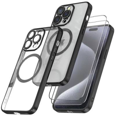 Giolus Clear für iPhone 15 Pro Max Hülle Kompatibel mit Mag-Safe mit Kameraschutz und 2 Stück Schutzfolie, Durchsichtig Magnetisch Dünn Silikon Handyhülle Stoßfest Kratzfeste Schutzhülle Schwarz von Giolus