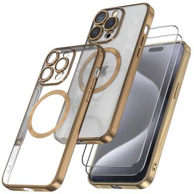 Giolus Clear für iPhone 15 Pro Max Hülle Kompatibel mit Mag-Safe mit Kameraschutz und 2 Stück Schutzfolie, Durchsichtig Magnetisch Dünn Silikon Handyhülle Stoßfest Kratzfeste Schutzhülle Gold von Giolus