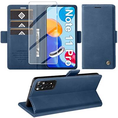 Giyer Handyhülle für Xiaomi Redmi Note 11 Pro Hülle mit Schutzfolie, Standfunktion Kartenfach Wallet Premium Leder Schutzhülle Note 11 Pro Flip Case Stoßfeste Klapphülle Note 11 Pro 6.67 Zoll (Blau) von Giyer