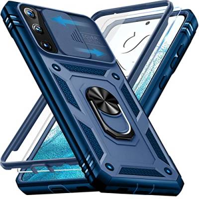 Handyhülle für Samsung Galaxy S22 5G Hülle mit Schutzfolie, Galaxy S22 5G Schutzhülle mit Kameraschutz 360° Drehbarer Metall Ring Ständer Stoßfest Bumper S22 5G 6.1" Case Cover (Blau) von Giyer