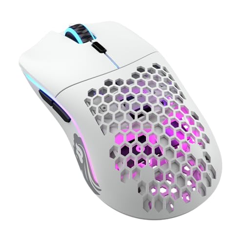 Glorious Gaming Model O- (Minus) Wireless Gaming Mouse – Superleichte 65 g, Wabendesign, RGB-Beleuchtung, beidhändig, verzögerungsfreier 2,4-GHz-Funk, bis zu 71 Stunden Akku – Mattweiß von Glorious