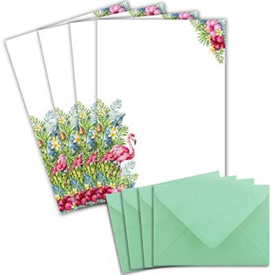 25 Briefbogen-Sets DIN A4 - Papier in Weiß mit tropischem Flamingo Motiv - mit Briefumschlägen DIN C6 in Mintgrün Briefpapier bedruckbar ideal für Hochzeitseinladungen von Glüxx-Agent