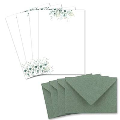 75 Briefpapier-Sets DIN A5 - Naturpapier in Creme mit Eukalyptus-Zweigen - mit Briefumschlägen DIN C6 in Eukalyptus-Grün Briefbogen bedruckbar ideal für Hochzeitseinladungen von Glüxx-Agent