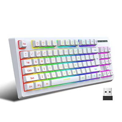 Goshyda Kabellose 2,4-G-Tastatur, 87 Tasten, RGB-LED-Hintergrundbeleuchtung, Ergonomische, Wiederaufladbare 1800-mAh-Gaming-Tastatur, USB2.0-Bürotastaturen für PC, Notebook (Weiß) von Goshyda