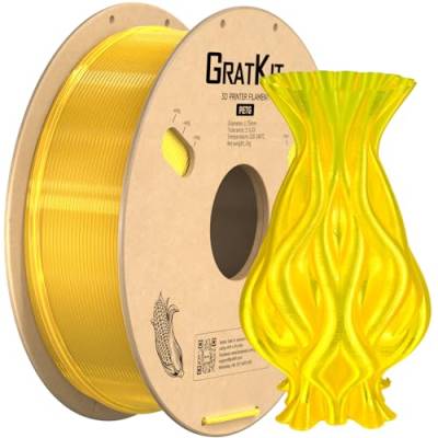 GratKit PETG Filament 1.75mm, -0.03mm, 3D Drucker Filament PETG, 1kg Spule, 3D Druck Filament PETG, Transparent Gelb von GratKit