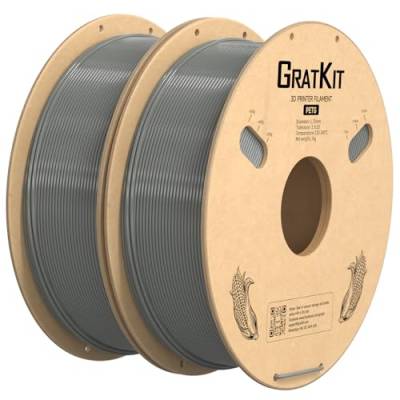 GratKit PETG Filament 1.75mm, -0.03mm, 3D Drucker Filament PETG, 2KG Spule, 3D Druck Filament PETG, 2 Packs, 2 * 1KG, Grau von GratKit
