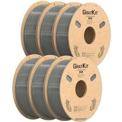 GratKit PETG Filament 1.75mm, -0.03mm, 3D Drucker Filament PETG, 6KG Spule, 3D Druck Filament PETG, 6 Packs, 6 * 1KG, Grau von GratKit
