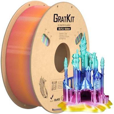 GratKit Regenbogen PLA Filament mit Seidenglanz für 1,75mm 3D-Drucker, 1kg Spule, Farbwechsel 3D-Druck Silk-Filament mit +/-0,03mm Präzision, gleichmäßige Wicklung, 1000g Candy Rainbow PLA Filament von GratKit