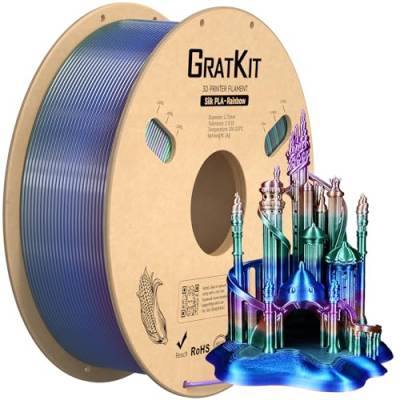 GratKit Regenbogen PLA Filament mit Seidenglanz für 1,75mm 3D-Drucker, 1kg Spule, Farbwechsel 3D-Druck Silk Filament mit +/-0,03mm Präzision, gleichmäßige Wicklung, 1000g Universe Rainbow PLA Filament von GratKit