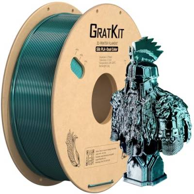GratKit Seide PLA Filament Zweifarbig 1,75mm 1kg Spule, Silk Dual-Color 3D-Drucker Filament mit +/-0,03mm Präzision, Einfach zu drucken, Gleichmäßige Wicklung, Neu Schwarz Und Grün von GratKit