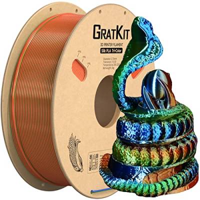 GratKit Silk Dreifarbiges PLA Filament 1.75mm, -0.03mm, Coextrusion PLA Filament, 3D Drucker Filament, 1kg Spule, Tri Color PLA Filament, Seide Orange Blau Und Grün von GratKit