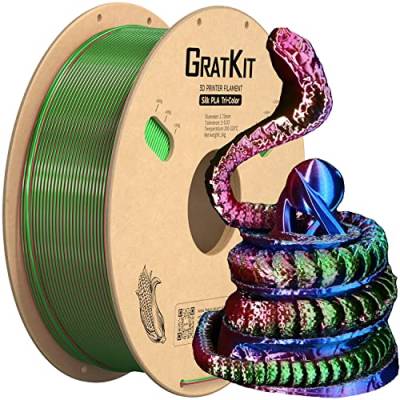 GratKit Silk Dreifarbiges PLA Filament 1.75mm, -0.03mm, Coextrusion PLA Filament, 3D Drucker Filament, 1kg Spule, Tri Color PLA Filament, Seide Rot, Blau Und Grün von GratKit