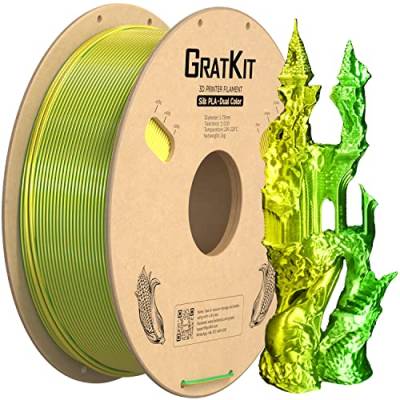 GratKit Silk Zweifarbig PLA Filament 1.75mm, -0.03mm, Coextrusion PLA Filament, 3D Drucker Filament, 1kg Spule, Dual Color PLA Filament, Seide Gelb Und Grün von GratKit