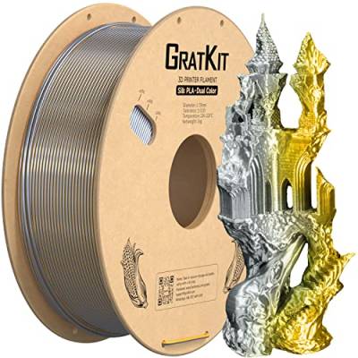 GratKit Silk Zweifarbig PLA Filament 1.75mm, -0.03mm, Coextrusion PLA Filament, 3D Drucker Filament, 1kg Spule, Dual Color PLA Filament, Seide Gold Und Silber von GratKit