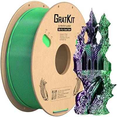 GratKit Silk Zweifarbig PLA Filament 1.75mm, -0.03mm, Coextrusion PLA Filament, 3D Drucker Filament, 1kg Spule, Dual Color PLA Filament, Seide Grün Und Violett von GratKit