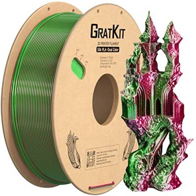 GratKit Silk Zweifarbig PLA Filament 1.75mm, -0.03mm, Coextrusion PLA Filament, 3D Drucker Filament, 1kg Spule, Dual Color PLA Filament, Seide Rot Und Grün von GratKit