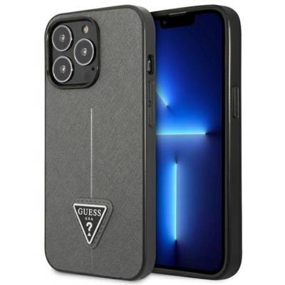 Guess Handyhülle Case iPhone 14 Pro silber schwarz Logo Metall Triangle 6,1 Zoll, Kantenschutz von Guess