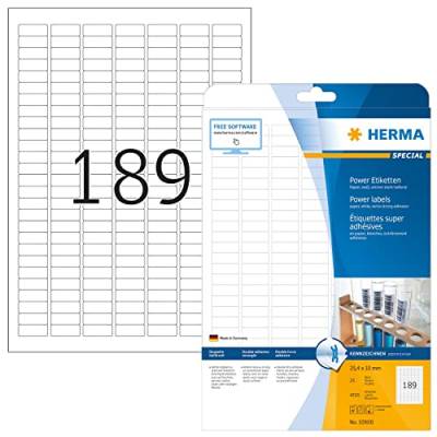 HERMA 10900 Power Etiketten, 25 Blatt, 25,4 x 10 mm, 189 pro A4 Bogen, 4725 Stück, selbstklebend, bedruckbar, extrem stark haftend, blanko Papier Klebeetiketten Aufkleber, weiß von HERMA