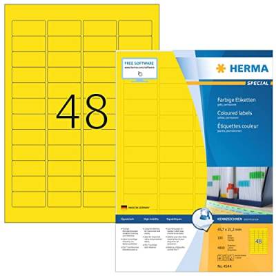HERMA 4544 Farbige Etiketten gelb, 100 Blatt, 45,7 x 21,2 mm, 48 pro A4 Bogen, 4800 Stück, selbstklebend, bedruckbar, matt, blanko Papier Farbetiketten Aufkleber von HERMA