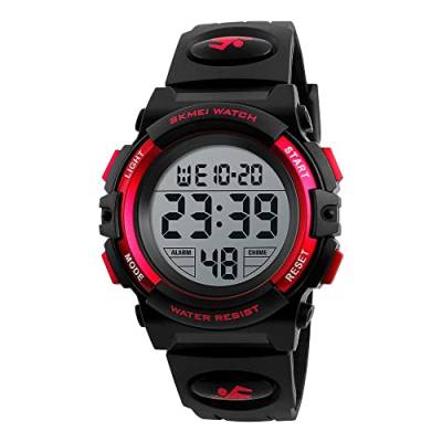HMJIA Digital Uhren für Kinder 5ATM Sports Digitaluhr für Jungen Kinder Silikon Armbanduhr mit Datum/Wecker/LED/Stoppuhr/Stoßfes (Rot) von HMJIA