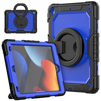 HUEZOE Hülle für iPad 10,2 Zoll, Modell 2021/2020/2019 Stoßfeste Ganzkörper Schutzhülle mit 360 Grad drehbarem Ständer Schultergurt für iPad 9/8/7, Dunkelblau von HUEZOE