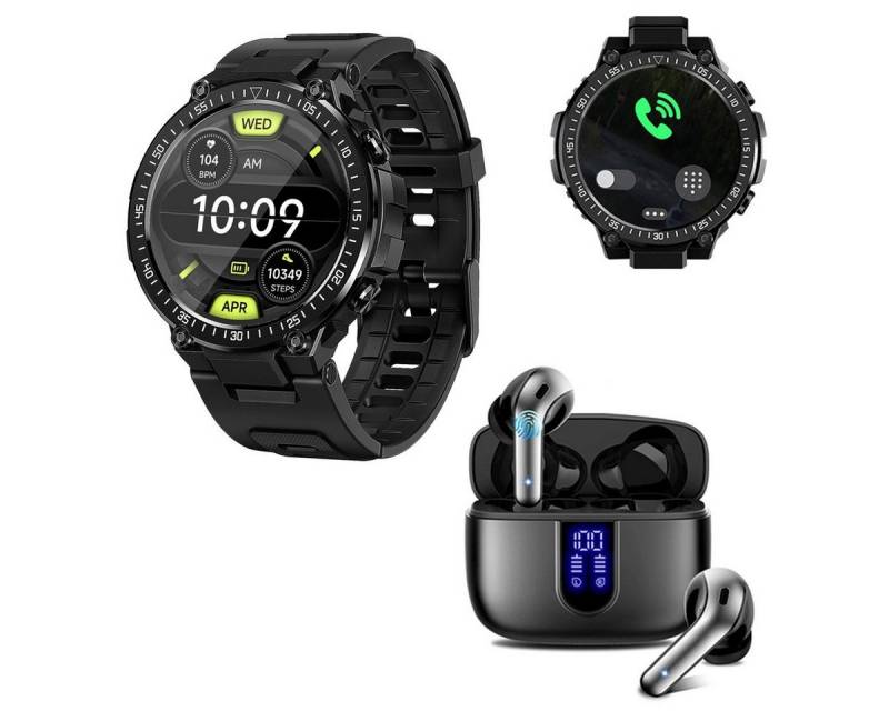 HYIEAR Smartwatch Damen Herren, In-Ear-Kopfhörer Bluetooth, für Android/iOS Smartwatch, mit austauschbaren Armbändern, Ladekabeln Drei Paar Ohrstöpsel, Sportarmband, Fitnessuhr von HYIEAR