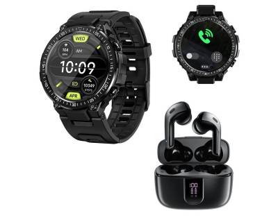 HYIEAR Smartwatch Damen Herren, Kopfhörer Bluetooth 5.3, für Android/iOS Smartwatch, mit austauschbaren Armbändern, Ladekabeln Drei Paar Ohrstöpsel, Fitnessuhr von HYIEAR