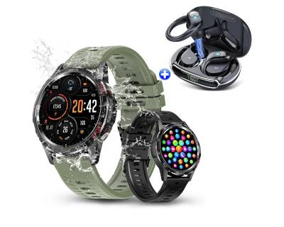 HYIEAR Smartwatches & In-Ear-Bluetooth 5.3 Kopfhörer für Damen und Herren Smartwatch Set, Uhr mit Gesundheitsüberwachung & Benachrichtigungen, 2 Armbänder, Kabellose Ohrhörer mit Ohrbügeln und LED-Ladebox.IPX5 Wasserdicht von HYIEAR